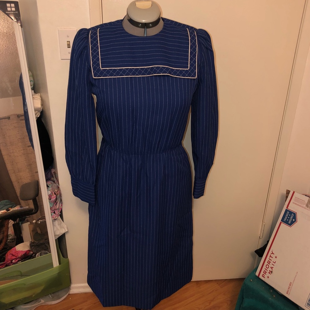 80s Vintage blue striped office dress